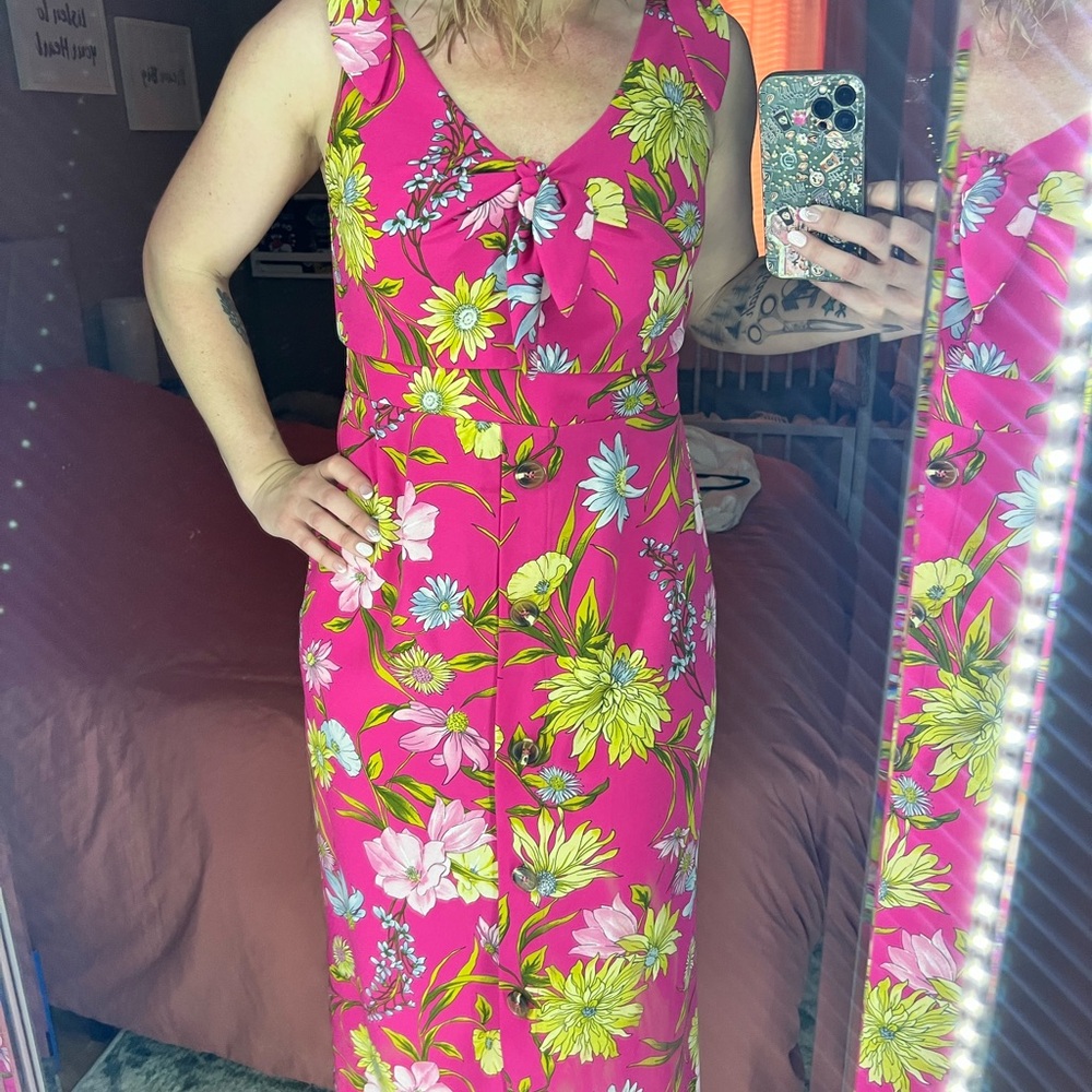 June & Hudson Hot Pink Floral Sleeveless Midi Dress Women Size‎ L